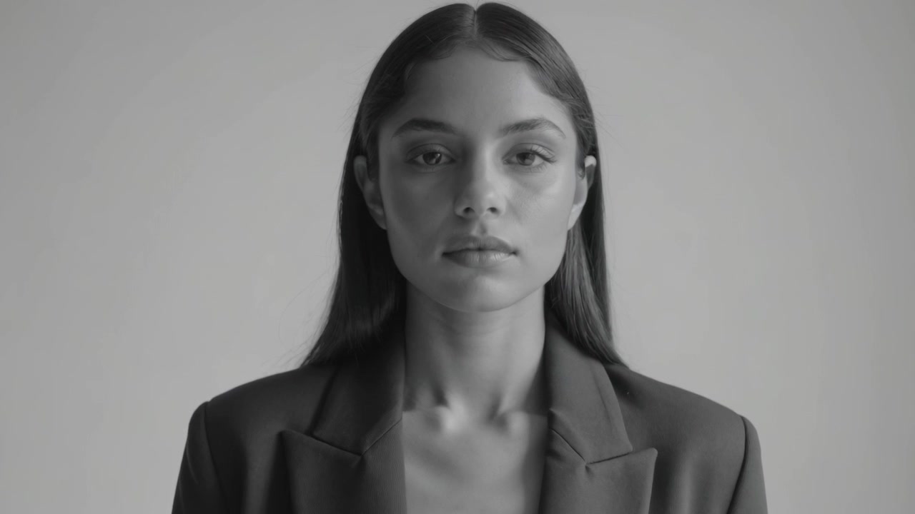 Mulher de frente mantendo o rosto calmo no estúdio enquanto a câmera se aproxima para um retrato, com blazer e fundo cinza.