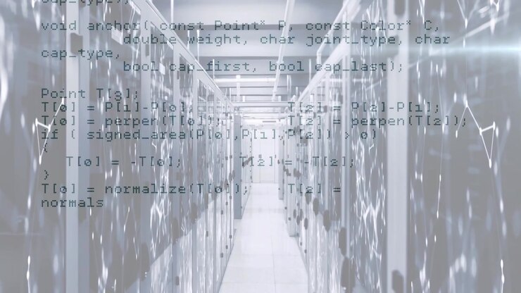 Programming Code Overlaid on Modern Server Room Data Center