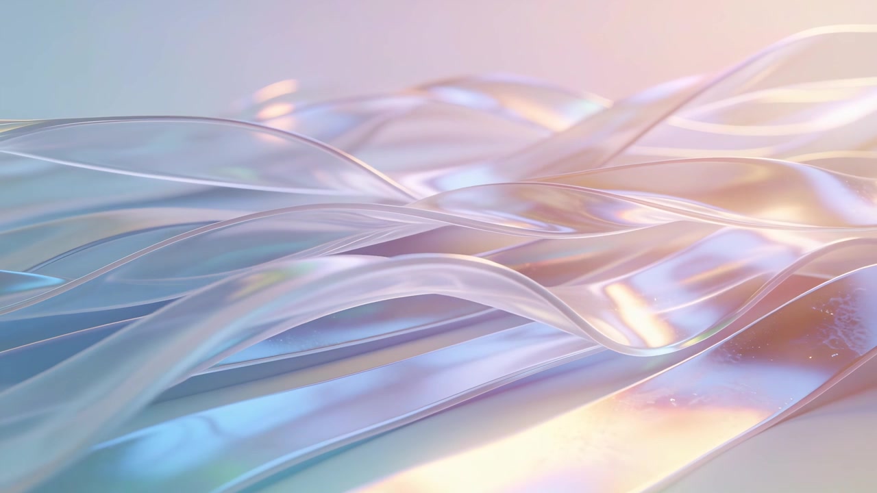 Waving glassy ribbons responding to light shifts across shiny plane in studio, creating soft glow