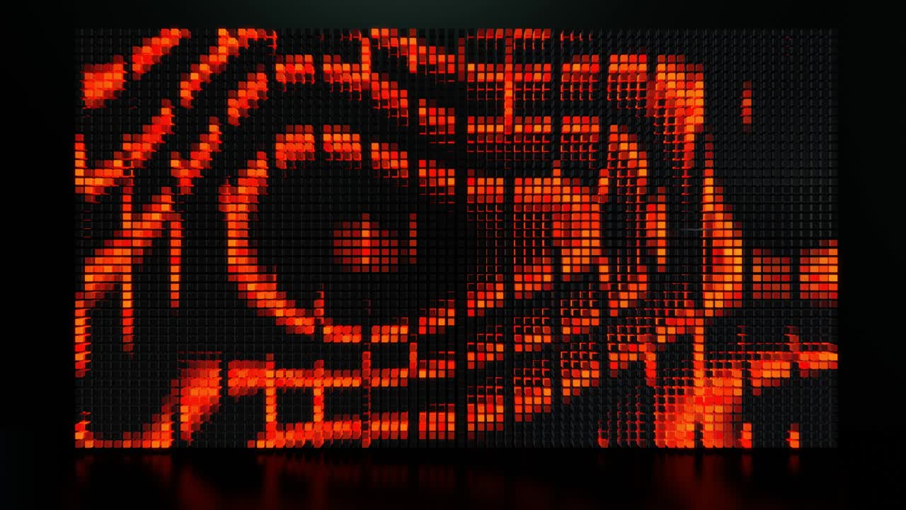 파동은 픽셀을 가로질러 달립니다. 3d 추상 루프 배경 현대 성능, 많은 회색 블록이 벽이나 화면을 형성하고 모양을 밝히고, 전구가 오렌지색으로 빛나기 시작합니다. 추상적인 꽃줄기처럼 모양을 형성합니다.