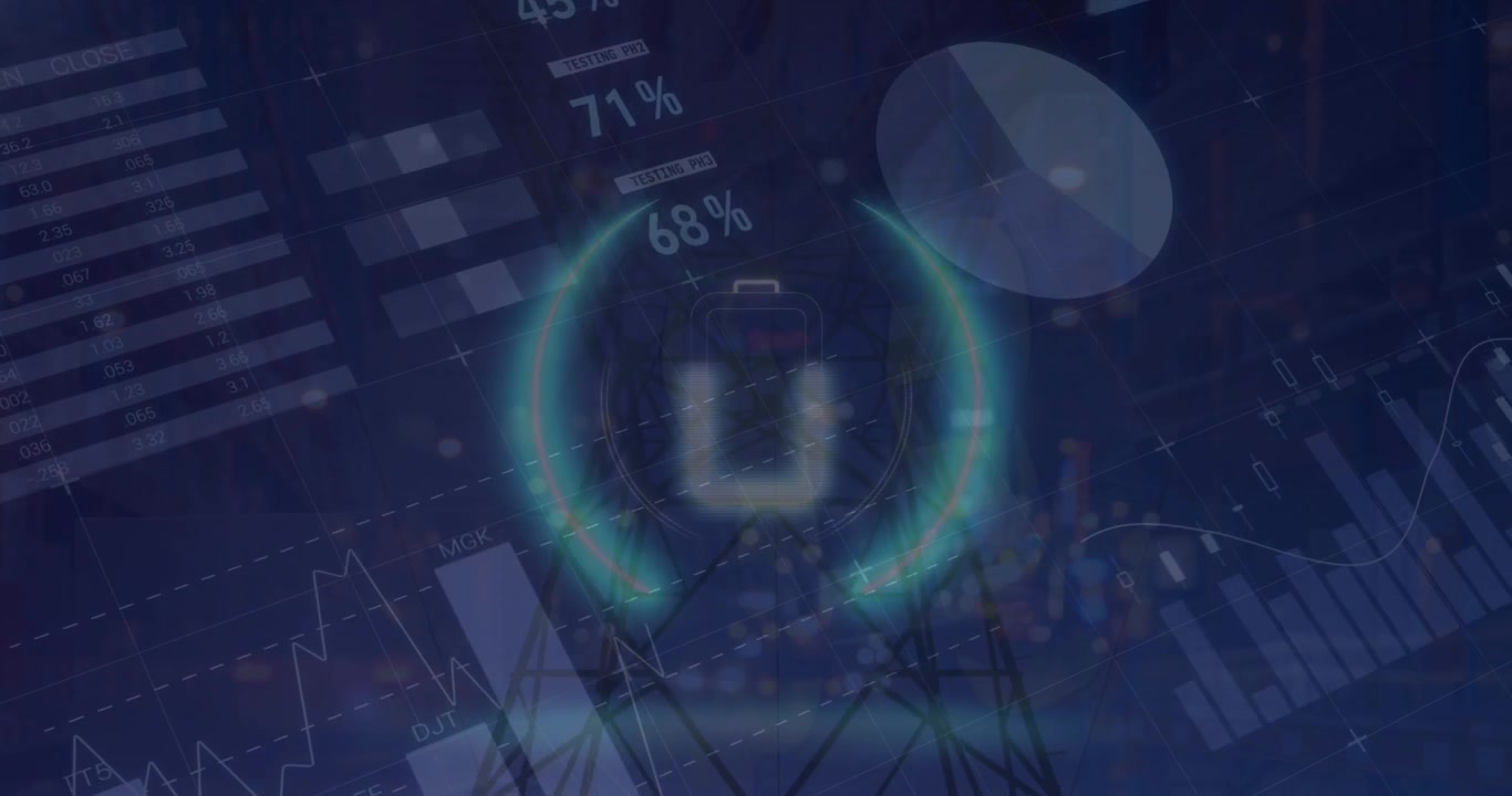 Animation of cellphone over infographic interface and low angle view of transmission tower