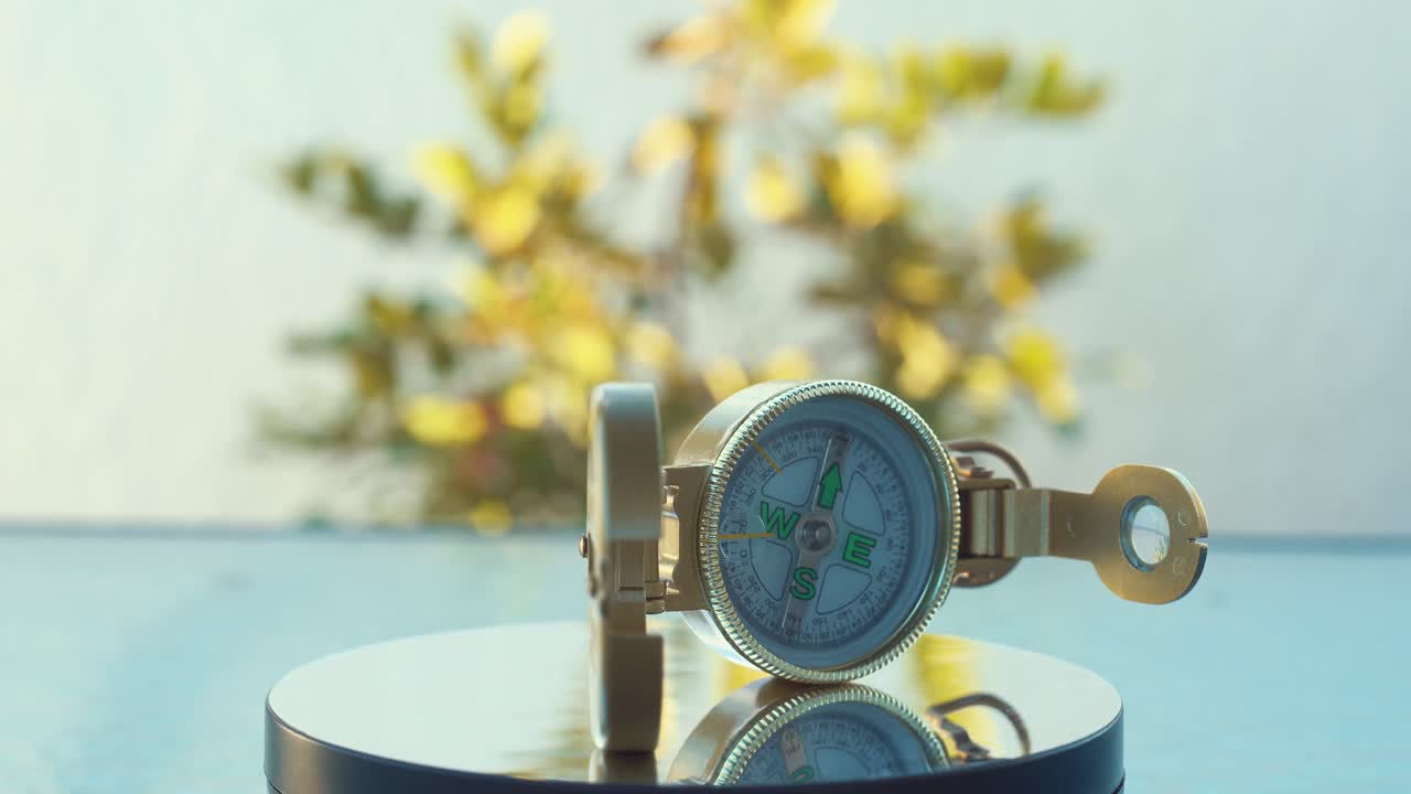 A rotating golden retro compass, 360 degrees, lighting, nature, 4K