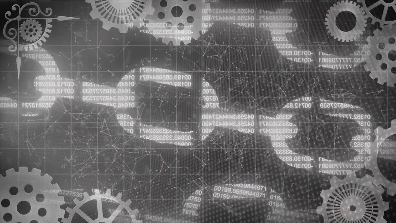 animación de la red de conexiones y engranajes que giran sobre cadenas de seguridad en línea