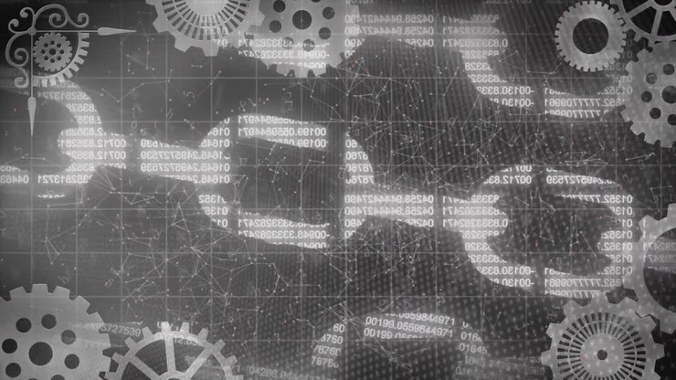 Animation of network of connections and cogs spinning over online security chains