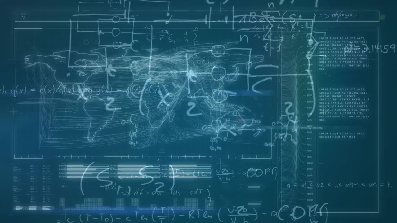 Animation of world map, data processing and math formulas in navy space