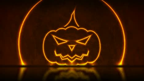 orange neon halloween pumpkin on grunge wall background