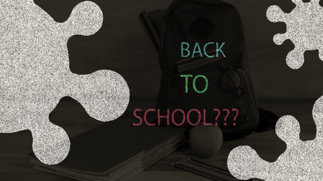 학교에 돌아가는 텍스트와 covid-19 셀 아이콘을 학교 가방에 대비합니다.