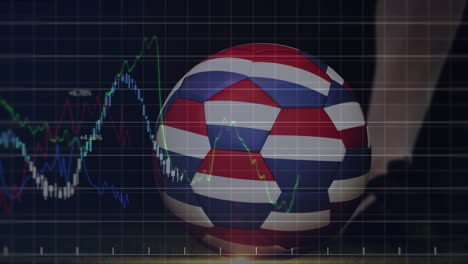 animation of graphs and numbers over low section of soccer player kicking ball with netherlands flag