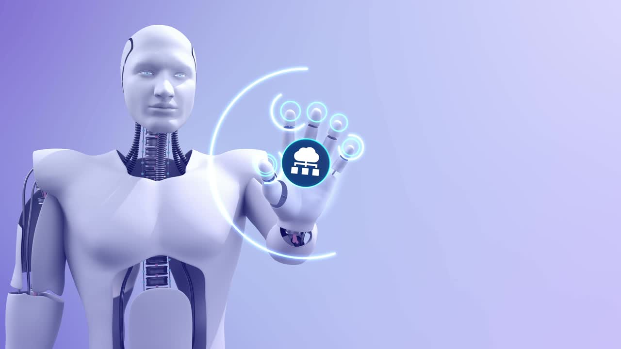 Robot umanoide futuristico che mostra il simbolo del cloud computing.