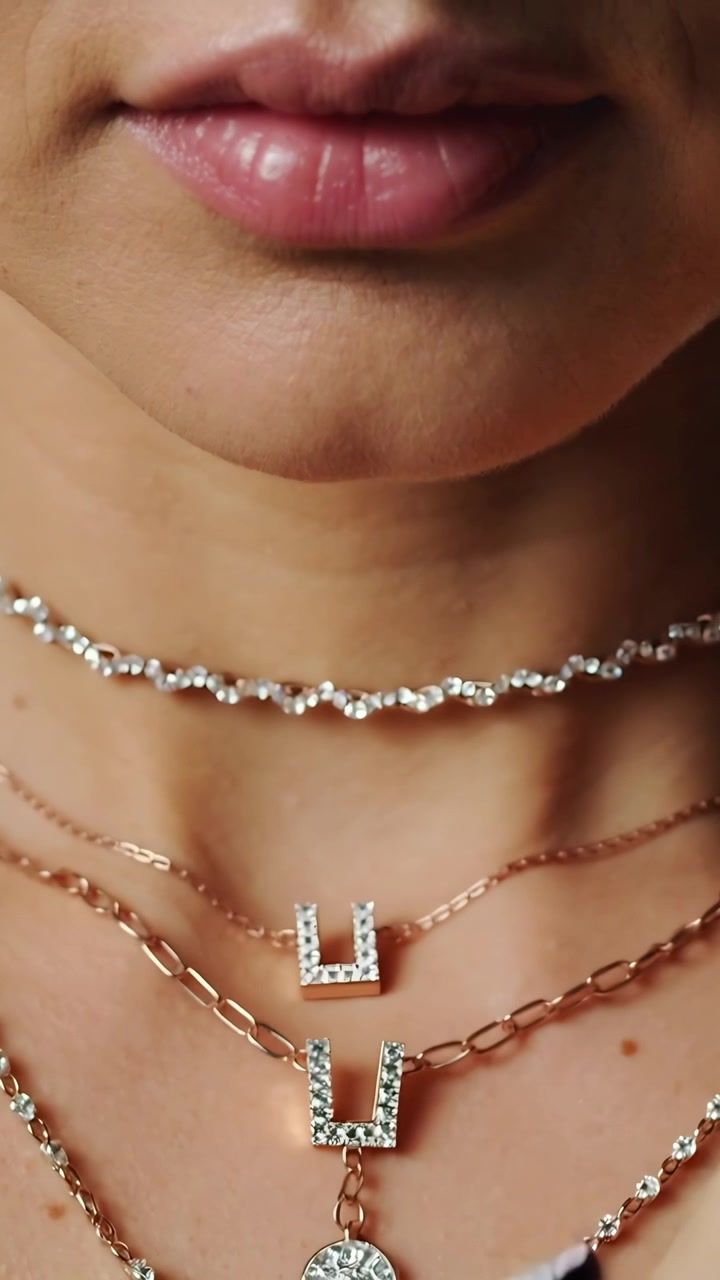 Video verticale: Una mano si estende a destra mentre una donna sistema delle catene al chiuso, mostrando un choker e pendenti a U