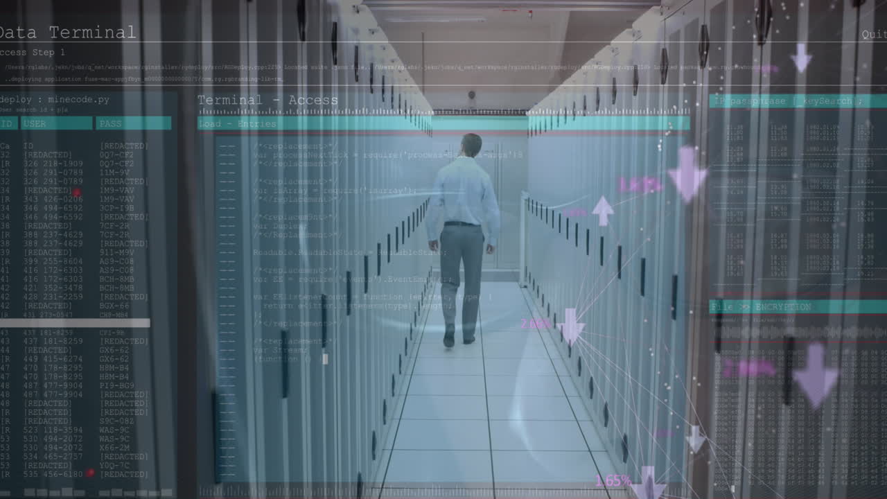Animation of data processing over computer servers and caucasian male it engineer