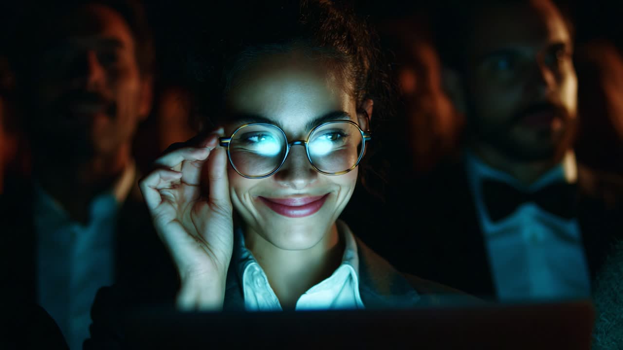 A confident young woman wearing glasses engaged with her laptop screen, showcasing a moment of anticipation and connection amidst a captivated audience in a dimly lit environment