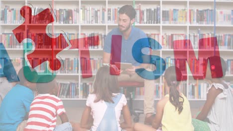 animation of puzzles falling over autism text and male teacher with school children