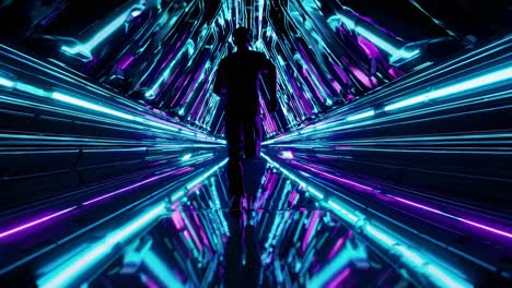 silhouette running through a neon futuristic tunnel