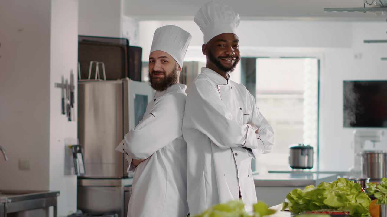 Portrait of diverse team posing in professional restaurant kitchen