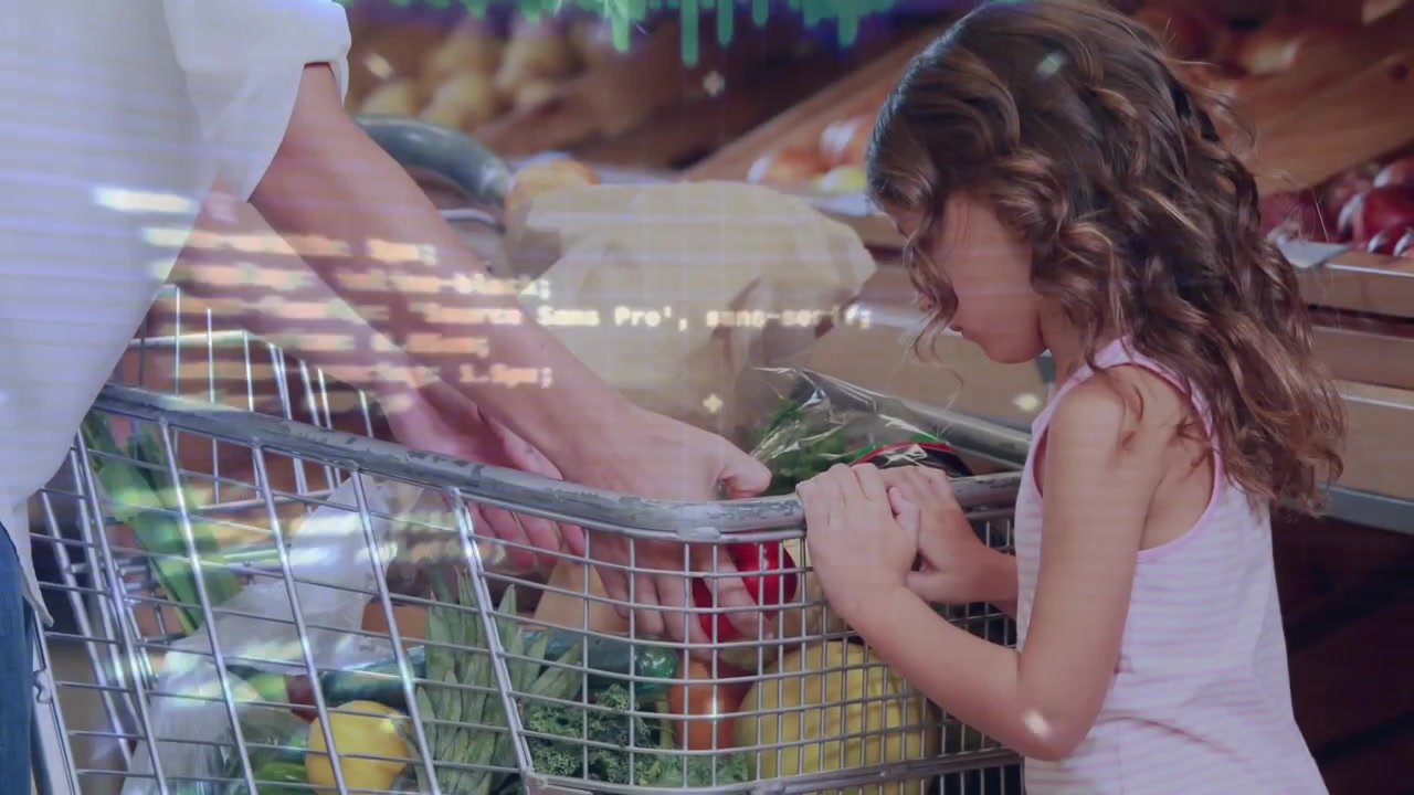 Animazione di elaborazione dati su una madre caucasica con la figlia che fanno shopping.