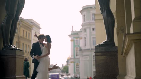 romantic couple dancing in the city