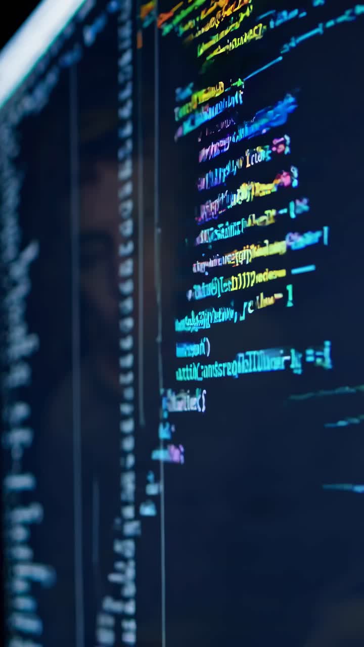 Close-up, angled shot of colorful code on a screen, conveying a tech and programming theme, perfect