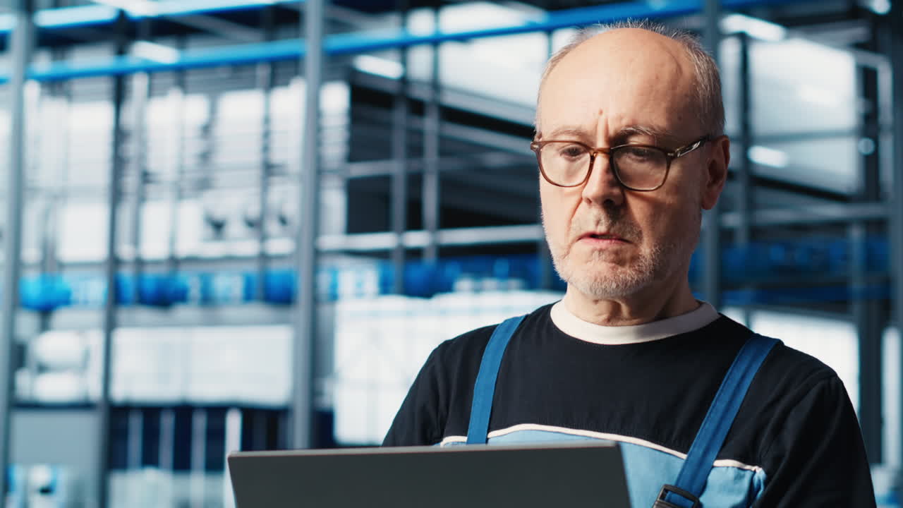 el ingeniero senior de la fábrica inteligente usa una computadora portátil para supervisar la operación de los brazos robóticos