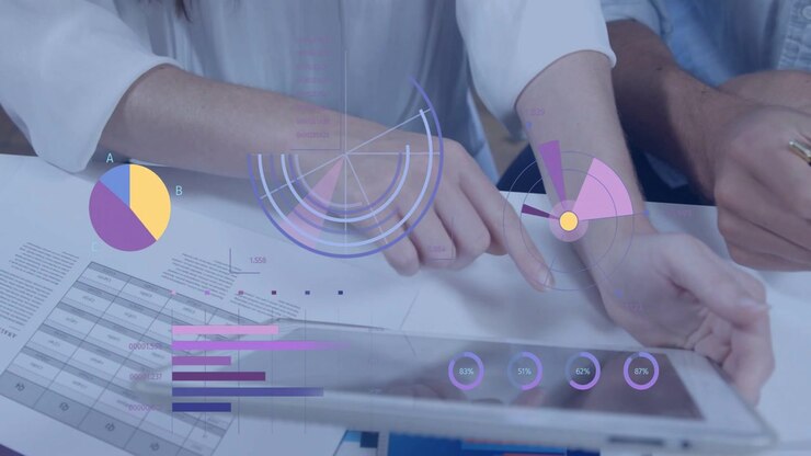 Female tapping tablet after sweep, male noting, animated radial HUD charts shifting for data review