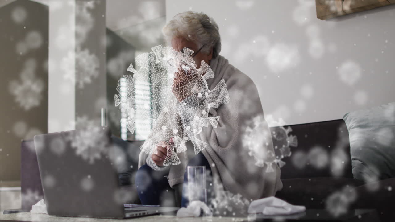 Multiple covid-19 cells floating against african american senior woman coughing at home