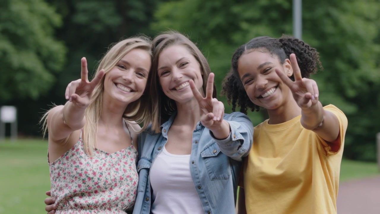 Posing trio raising peace signs in park as camera starting, wearing floral, denim, yellow tops