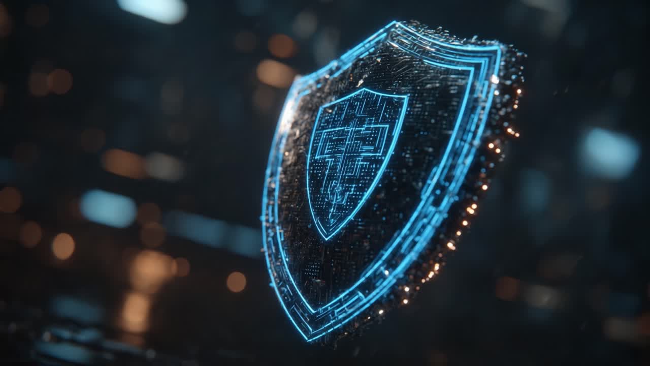 A Dynamic Digital Shield Emphasizing Cybersecurity, Showcasing Advanced Technology and Protection in an Artistic 3D Representation, Highlighted by Radiant Blue Light