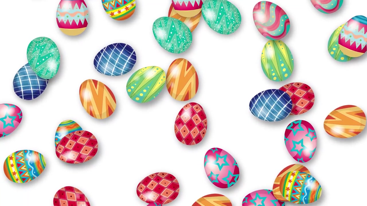 Vibrant decorated Easter eggs fall vertically in a continuous loop over a plain white background.