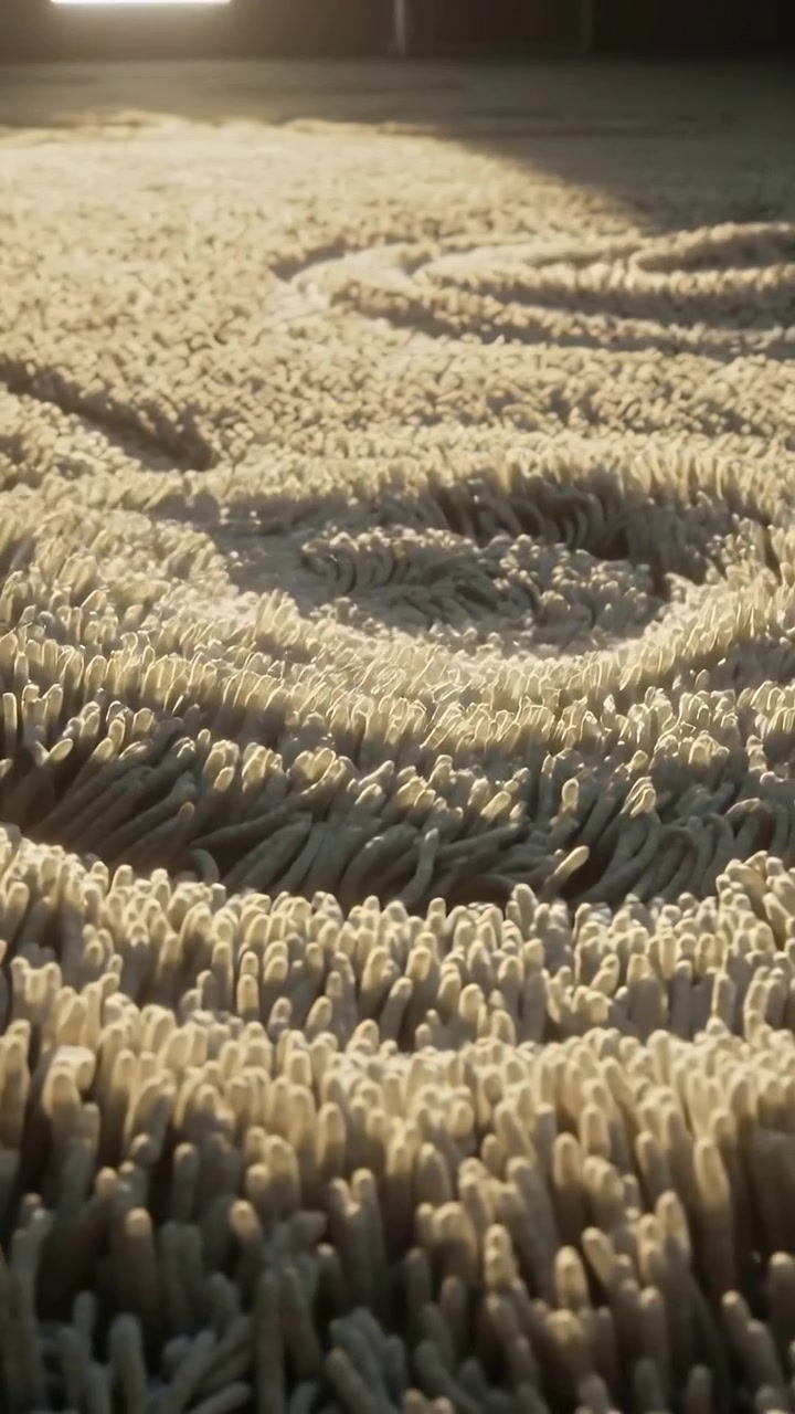 Vertical video: Pulling back camera revealing looped rug by window, sunlight casting spiral glow