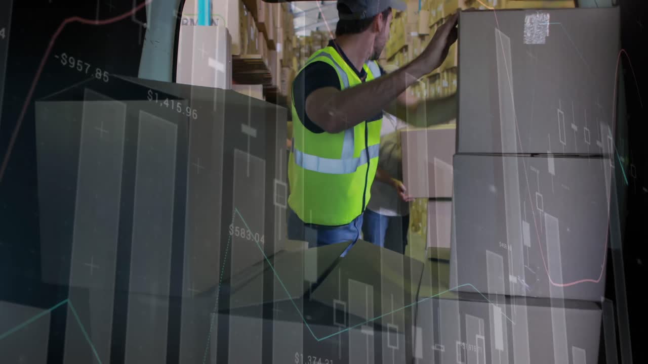 procesamiento de datos estadísticos contra un trabajador caucásico apilando cajas de entrega en una furgoneta de entrega