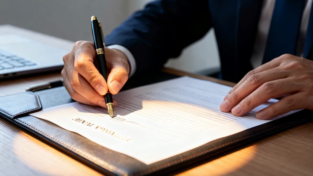 Uomo in completo blu navy che posiziona una penna stilografica nera sopra la linea della firma, tenendo una cartella e firmando alla scrivania