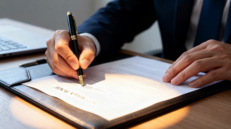 Placing black fountain pen above signature line, navy-suited man holding folio and signing at desk