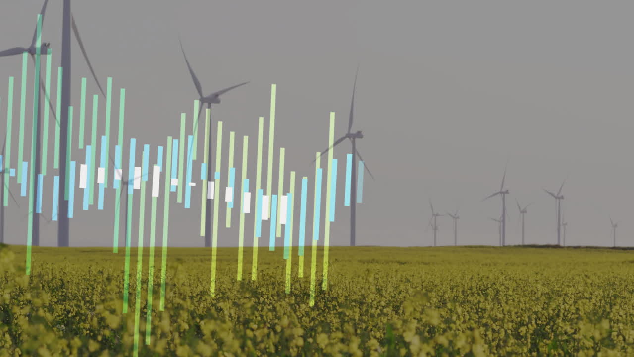 Central wind turbine rotating over yellow crop field while digital data bars rising in flat design
