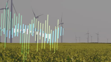 central wind turbine rotating over yellow crop field while digital data bars rising in flat design