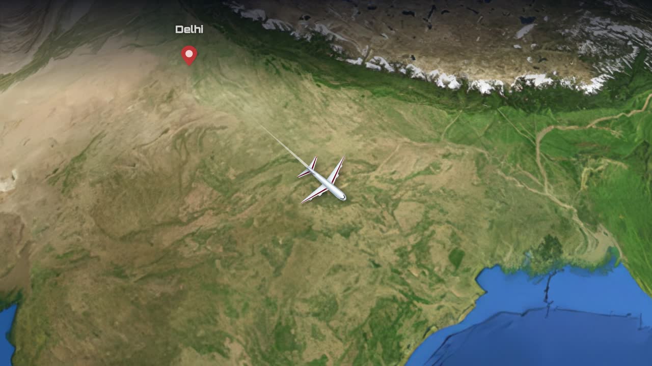 Animazione di mappa satellitare che traccia un aereo commerciale in volo da Delhi, India, a Singapore