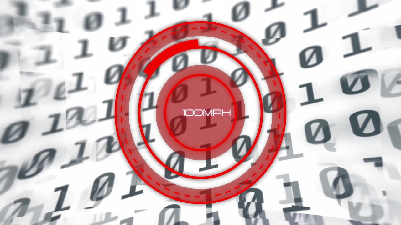velocimetro che legge 165mph sullo sfondo del codice binario nell'animazione