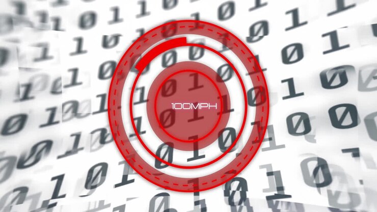 Speedometer reading 165MPH over binary code background in animation