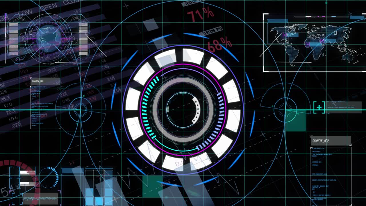 The animation shows a scope scanning, data processing and world map over grid background