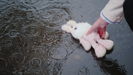 woman raises a toy bunny from a puddle 4k video