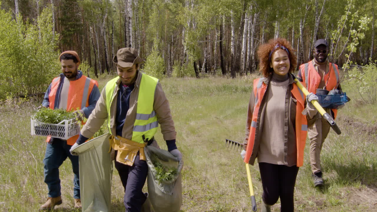 Front view of group of multiethnic ecologist activists walking in the forest while holding trees and tools to reforest