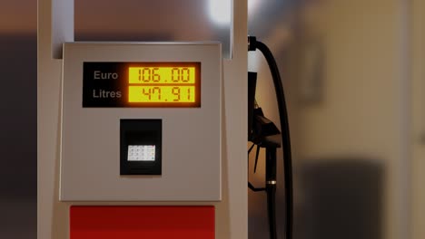 gas pump display and high prices in euros for fuel liters