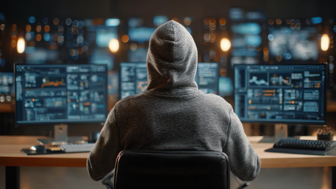 A Mysterious Figure in a Hoodie Analyzing Complex Data on Multiple Screens in a High-Tech Environment with Glowing Displays and Black Background