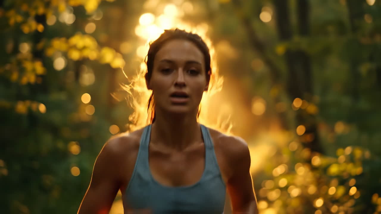 Corri nel bosco durante le ore del tramonto. Una persona corre attraverso una foresta mentre il sole tramonta. La luce dorata risplende tra gli alberi e crea un bagliore caldo.