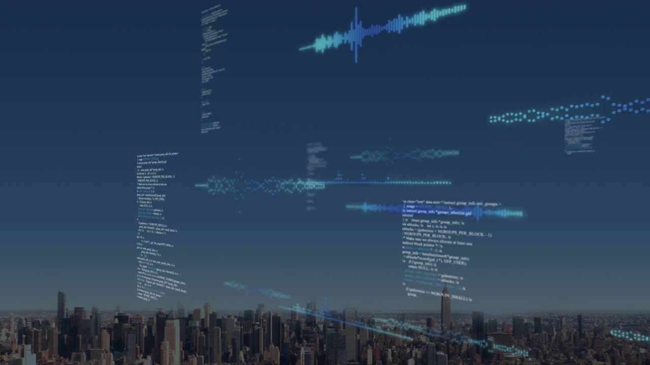 animación del procesamiento de datos frente a una vista aérea del paisaje urbano