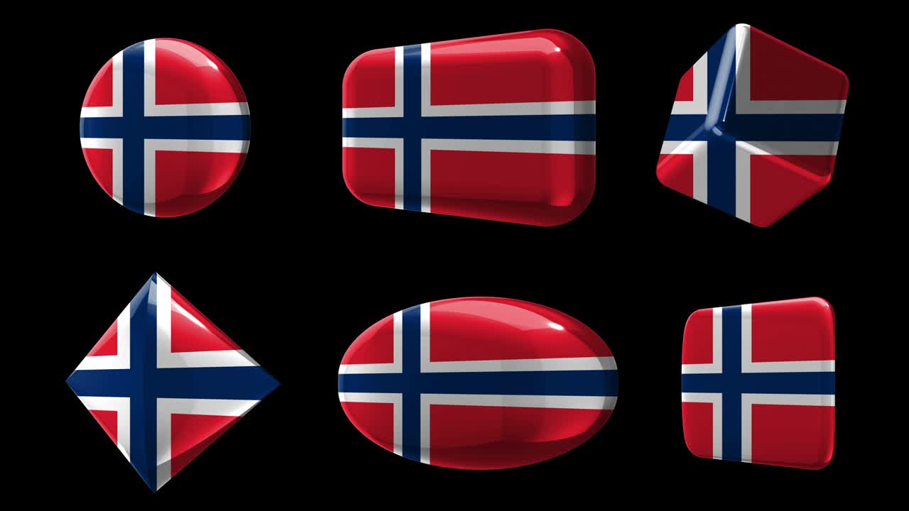 Sign - Norway. 6 flags, buttons, dies. Animation in the style of glass or metal icons of different shapes with flags. Circle, rectangle, cube, rhombus, ellipse, square. Alpha channel.