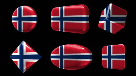 sign - norway. 6 flags, buttons, dies. animation in the style of glass or metal icons of different shapes with flags. circle, rectangle, cube, rhombus, ellipse, square. alpha channel.