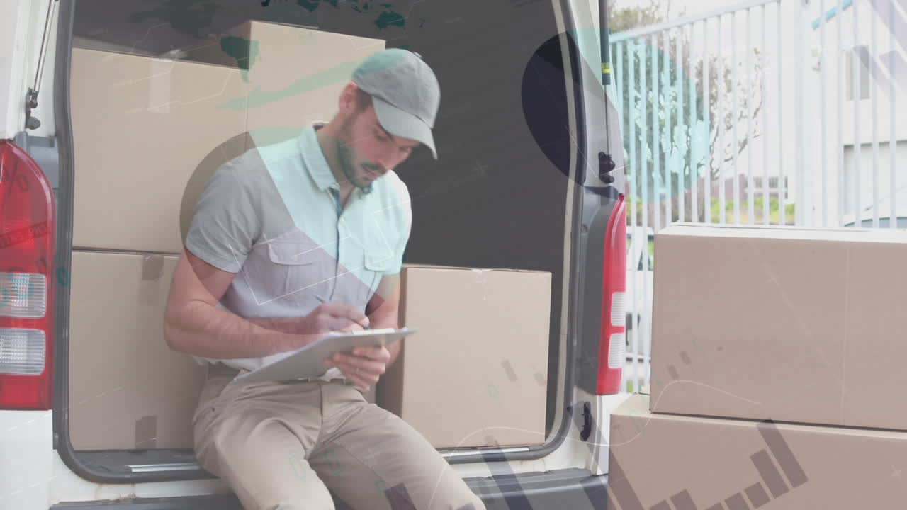 animación de estadísticas y procesamiento de datos financieros sobre el repartidor y la furgoneta