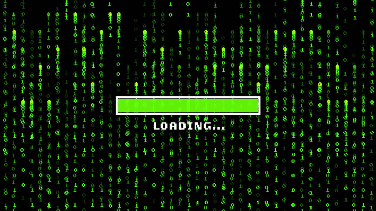 이진 코딩과 로딩 바를 통해 데이터 처리의 애니메이션 어두운 배경