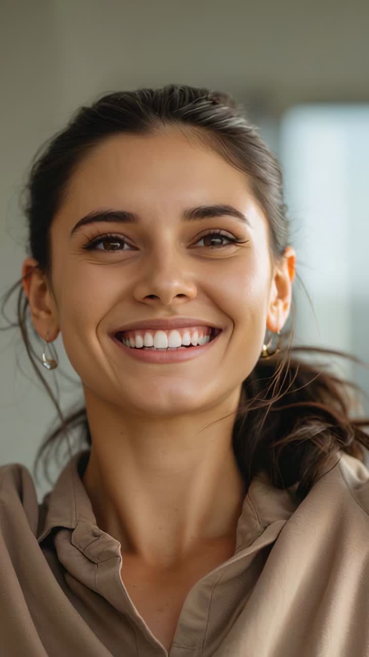 Vertical video: Smiling woman reacting to offscreen cue at desk with hoops, beige shirt