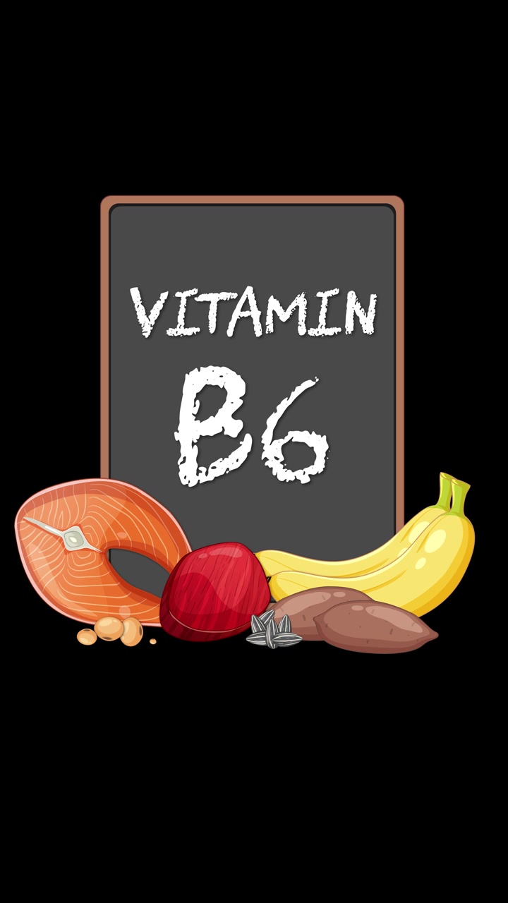 Chalkboard text and illustrated foods smoothly appear, highlighting vitamin B6 sources on black background